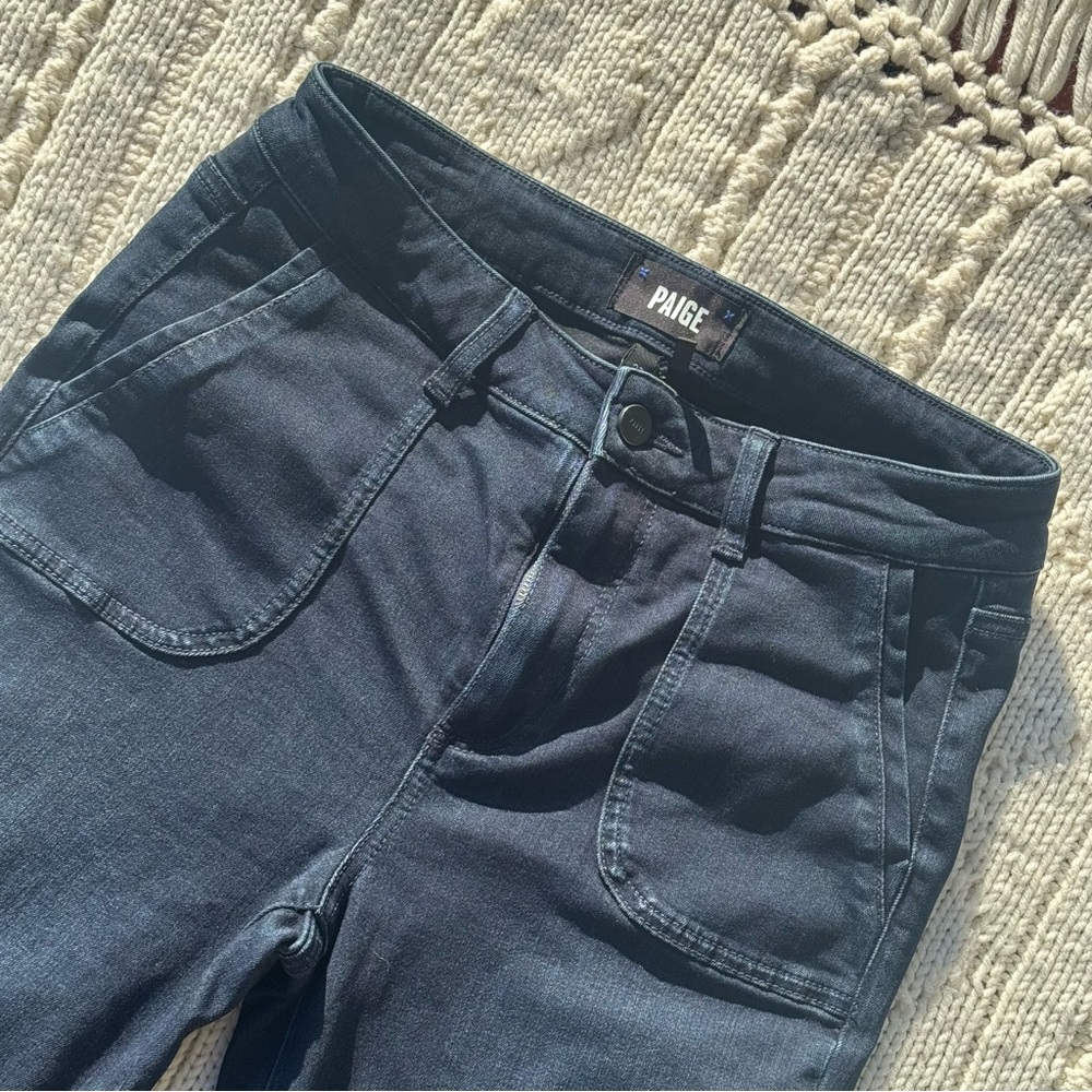 PAIGE Claudine Patch Pocket Jeans, Raw Hem (not frayed), Dark Denim, Size 27